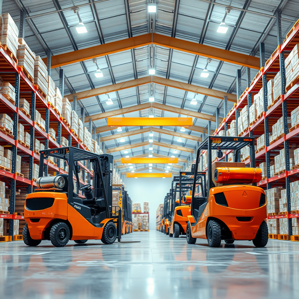 A brightly lit, photorealistic 4K image showcasing a state-of-the-art warehouse interior. Forklifts are efficiently moving pallets of goods. The scene emphasizes organization, cleanliness, and advanced technology. The camera angle should be wide to capture the scale of the warehouse.