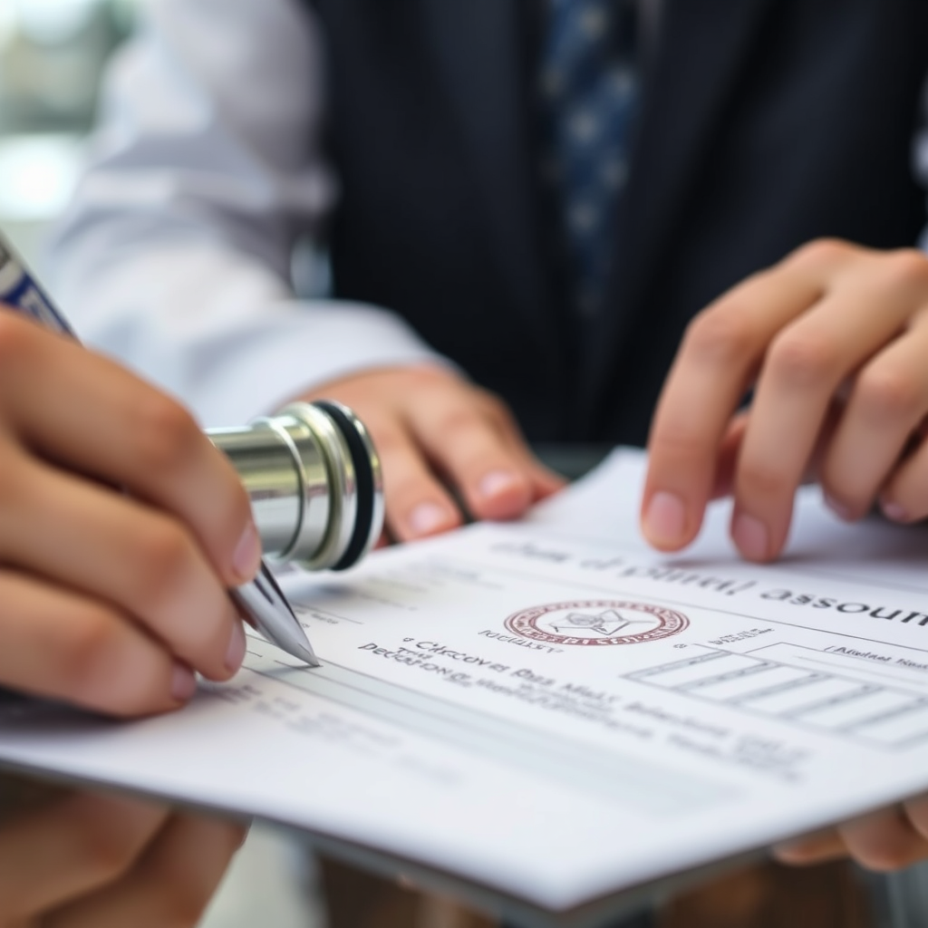 A close-up image of customs documents being stamped and reviewed by a customs official. The scene should emphasize accuracy, attention to detail, and adherence to regulations. The lighting should be focused and precise.