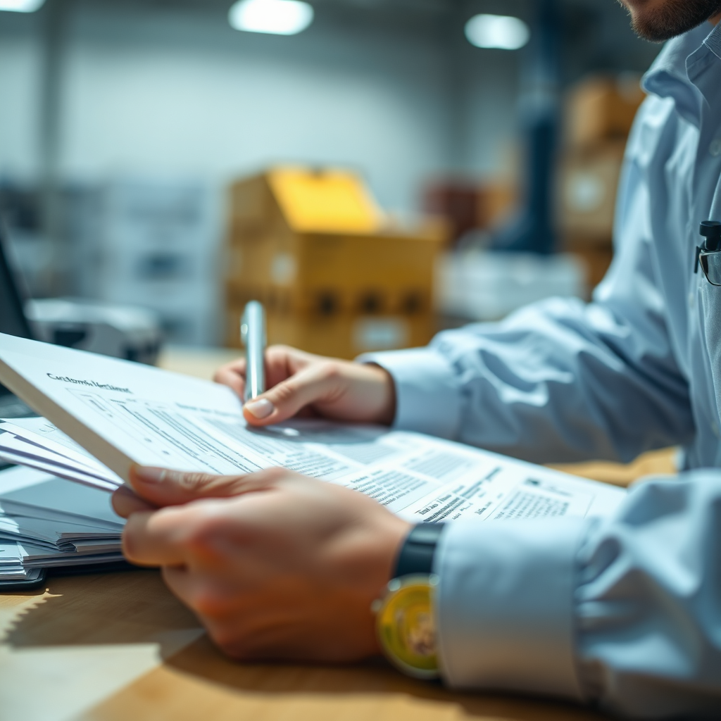A close-up, photorealistic image of customs documents being processed by a logistics professional. The scene should convey accuracy, attention to detail, and compliance. The lighting should be bright and focused, highlighting the importance of the task.