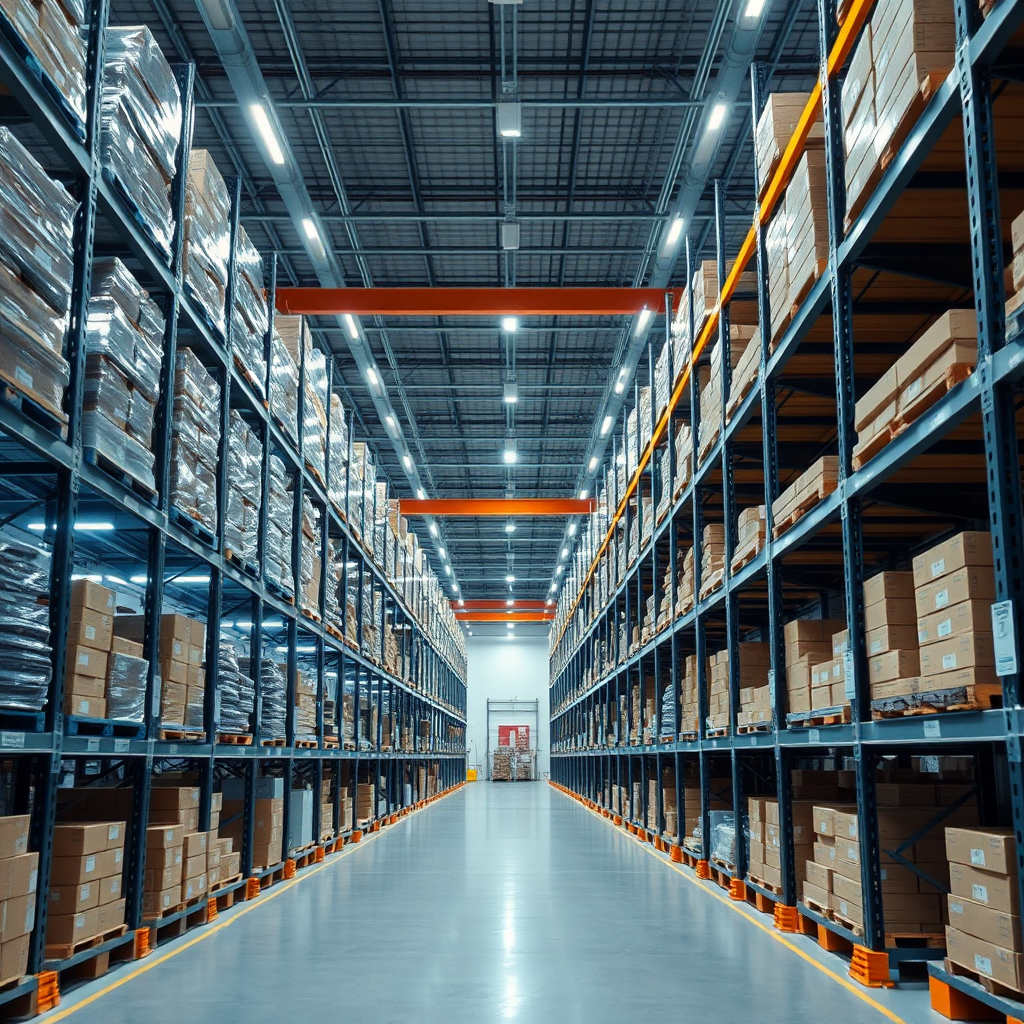 A meticulously organized warehouse, showcasing high-tech automation and efficient inventory management systems. The image should be brightly lit, clean, and convey a sense of order and security. Aim for a modern and professional aesthetic.