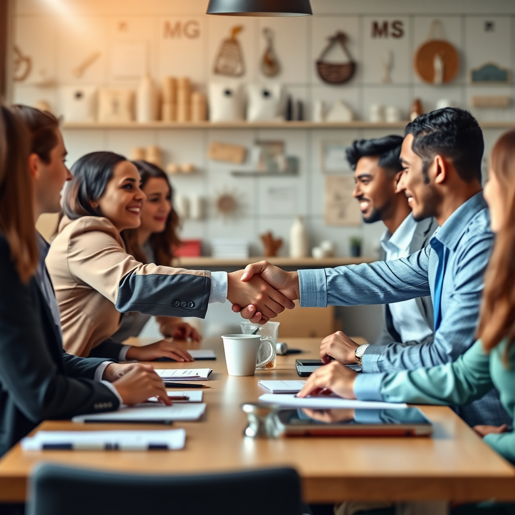A photorealistic 4k image depicting a diverse group of business professionals shaking hands across a table, symbolizing a successful partnership. The background should feature a subtle montage of various products and goods. The lighting should be warm and inviting.