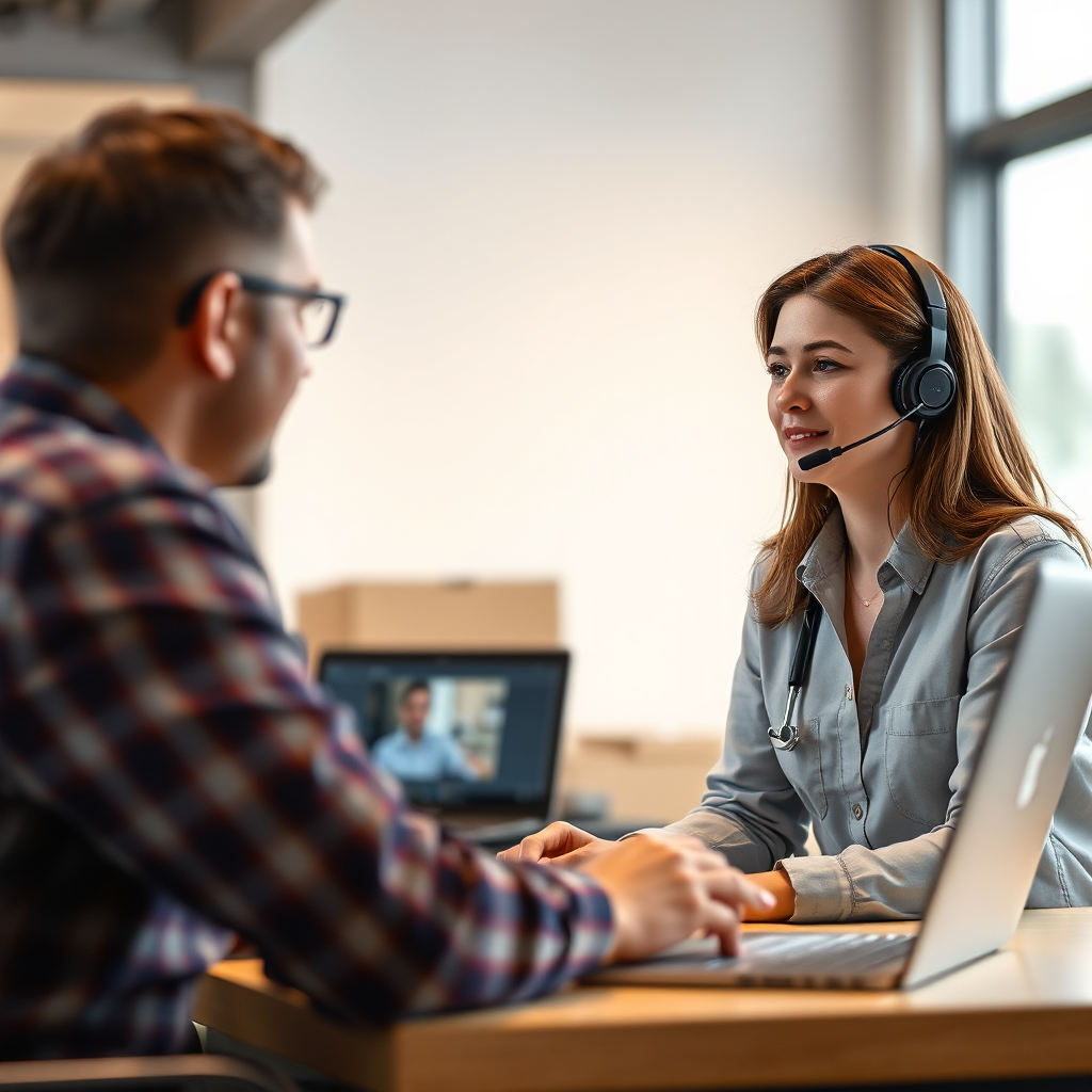 A photorealistic 4k image of a logistics professional assisting a client via video call. The scene should convey professionalism, empathy, and reliable support. The lighting should be soft and inviting.