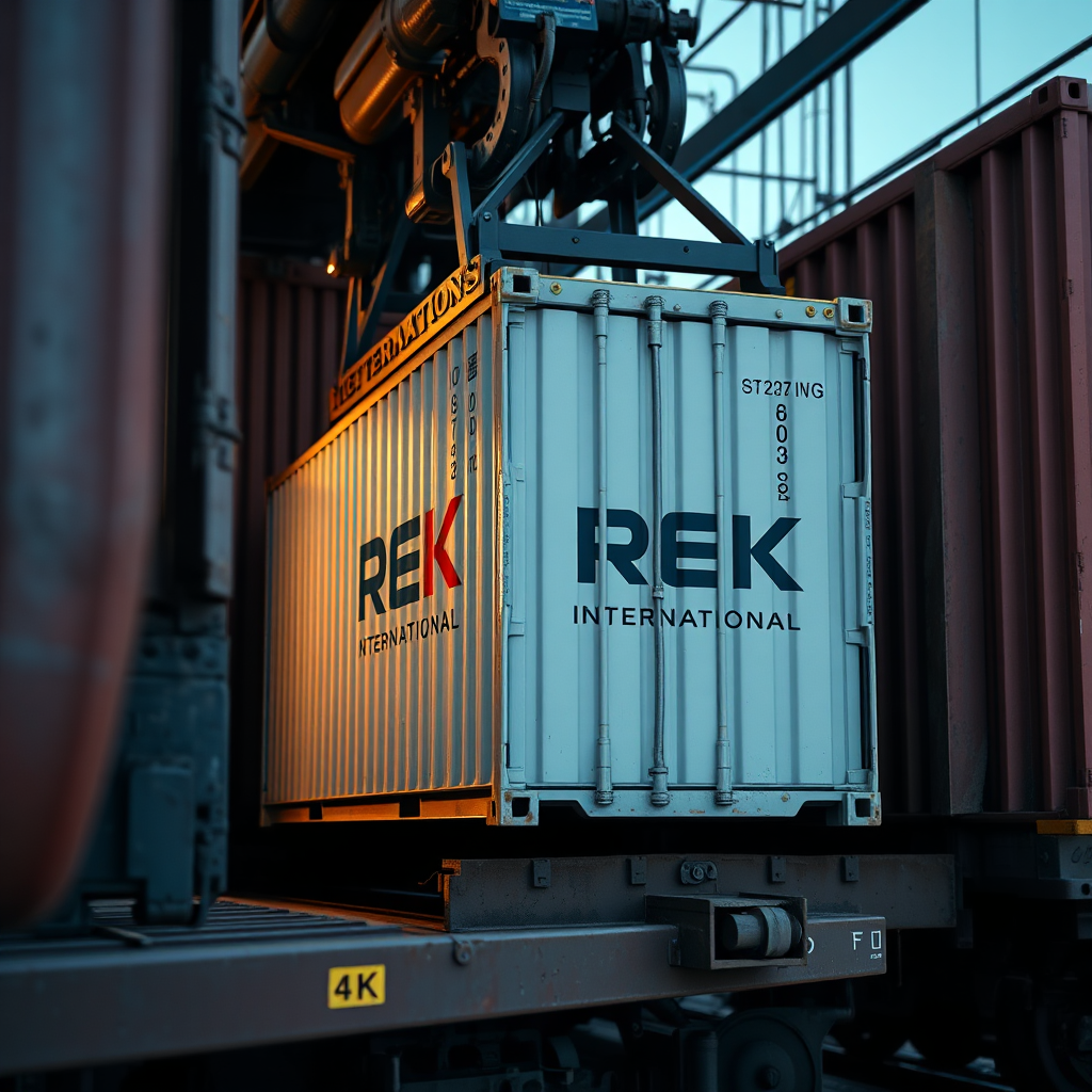 A photorealistic 4K image showing a detailed view of a cargo container being loaded onto a freight train. The container displays the REK International logo subtly. The lighting should highlight the precision and efficiency of the process. Focus on the textures of the container and train car, emphasizing their durability and robustness.