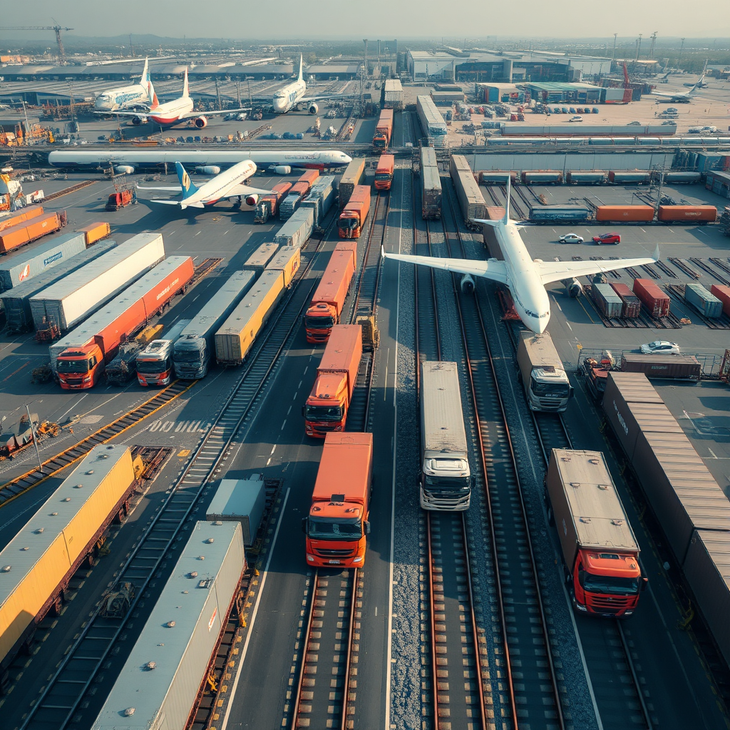 A photorealistic aerial view of a modern logistics hub, showing trucks, trains, and airplanes working in harmony to transport goods. The hub should be well-organized and efficient, with minimal congestion. The overall image should convey speed and reliability. Style: Aerial logistics photography, 4K resolution.