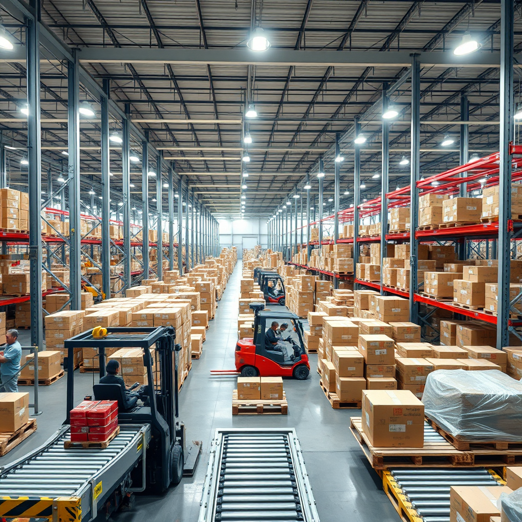 A photorealistic depiction of a well-organized warehouse, showing goods being efficiently processed and prepared for shipment. Conveyor belts, forklifts, and automated systems should be visible. The lighting should be bright and clean, and the atmosphere should convey order and control. Style: Industrial photography, 4K resolution.