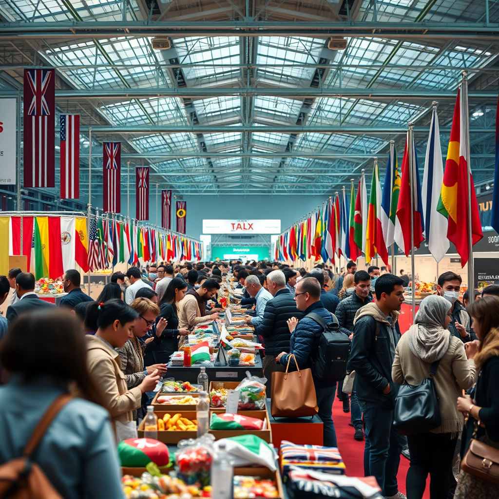 A photorealistic depiction of a bustling international trade show, with diverse people from different cultures interacting and exchanging goods. The setting should be vibrant and energetic, with flags of various countries displayed in the background. Style: Documentary photography, 4K resolution.