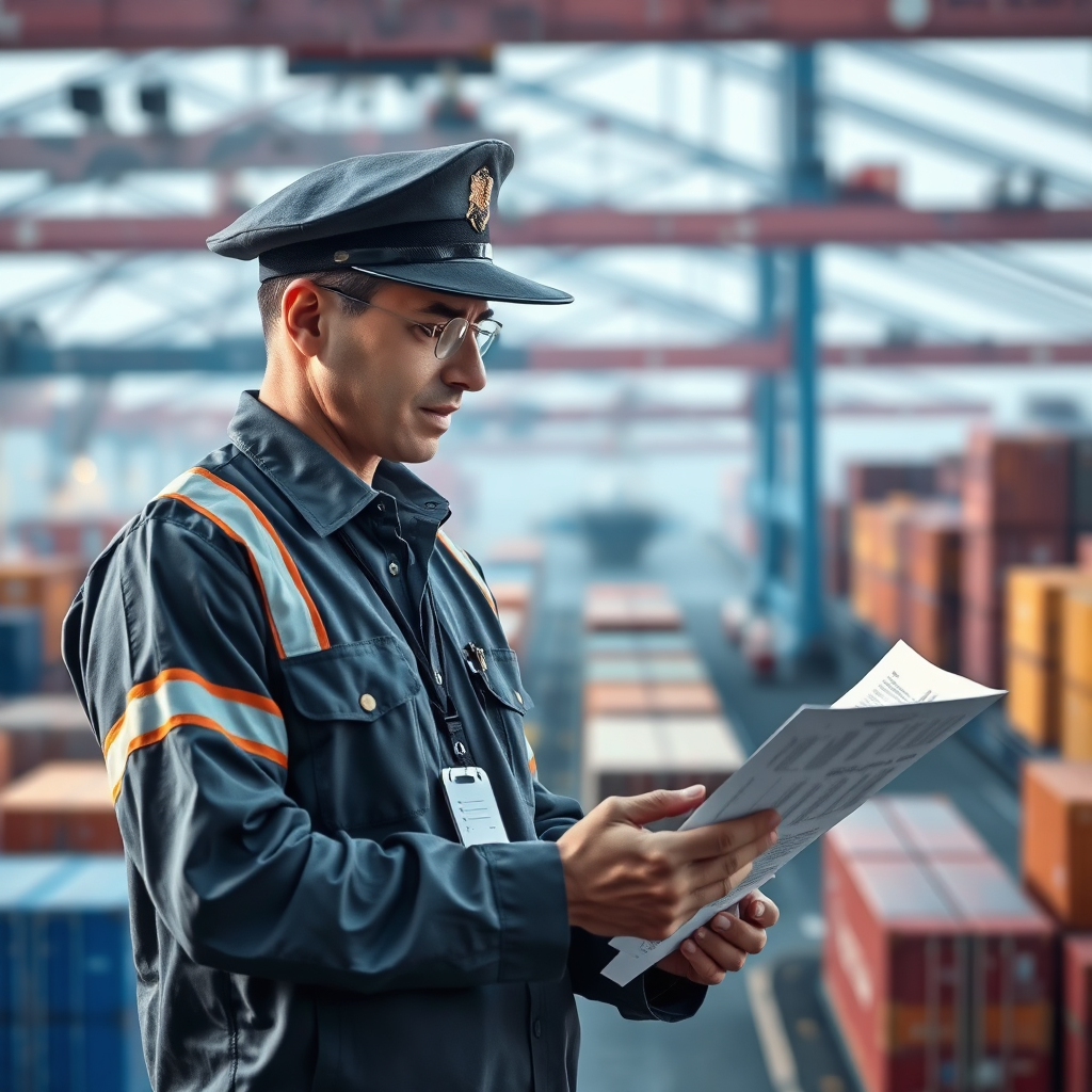 A photorealistic image depicting a customs officer inspecting shipping documents in a busy port. The scene should convey efficiency and compliance with regulations. The atmosphere should be professional and organized. Style: Logistics and customs photography, 4K resolution.