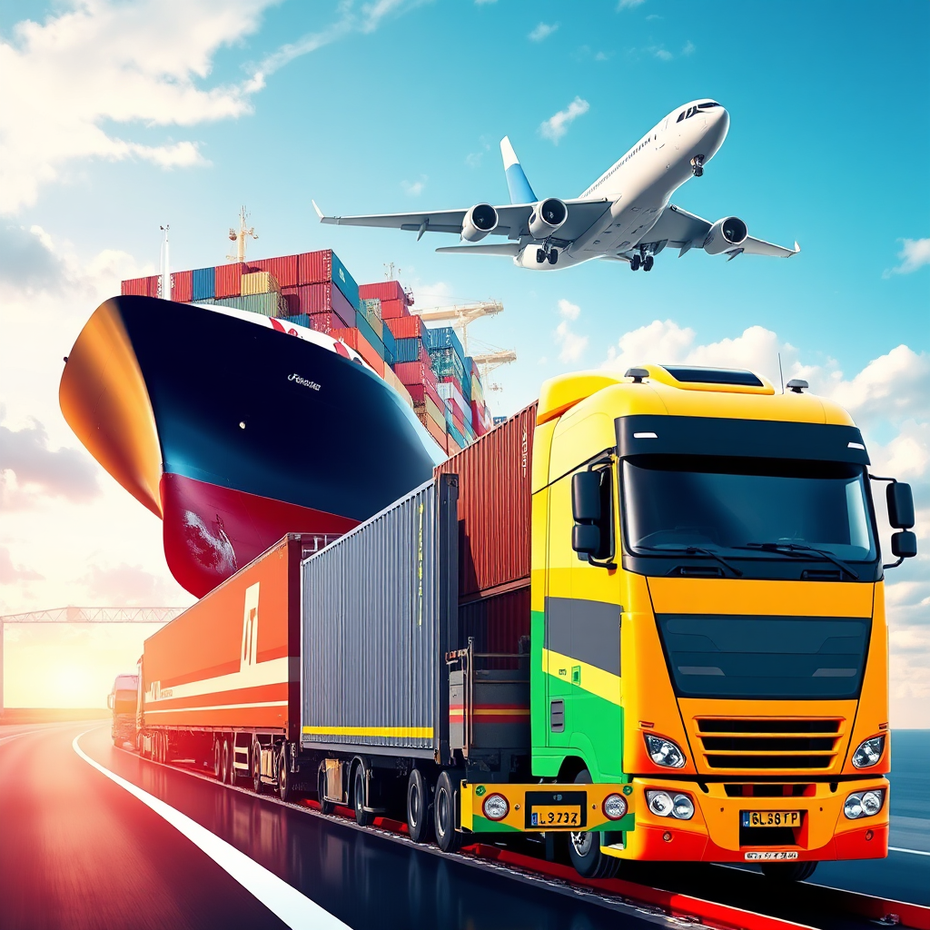 A photorealistic image of various modes of transport (ship, plane, truck, train) seamlessly integrated, showcasing the breadth of freight forwarding options. The composition should convey speed, efficiency, and global connectivity. Use vibrant, yet professional, colors.