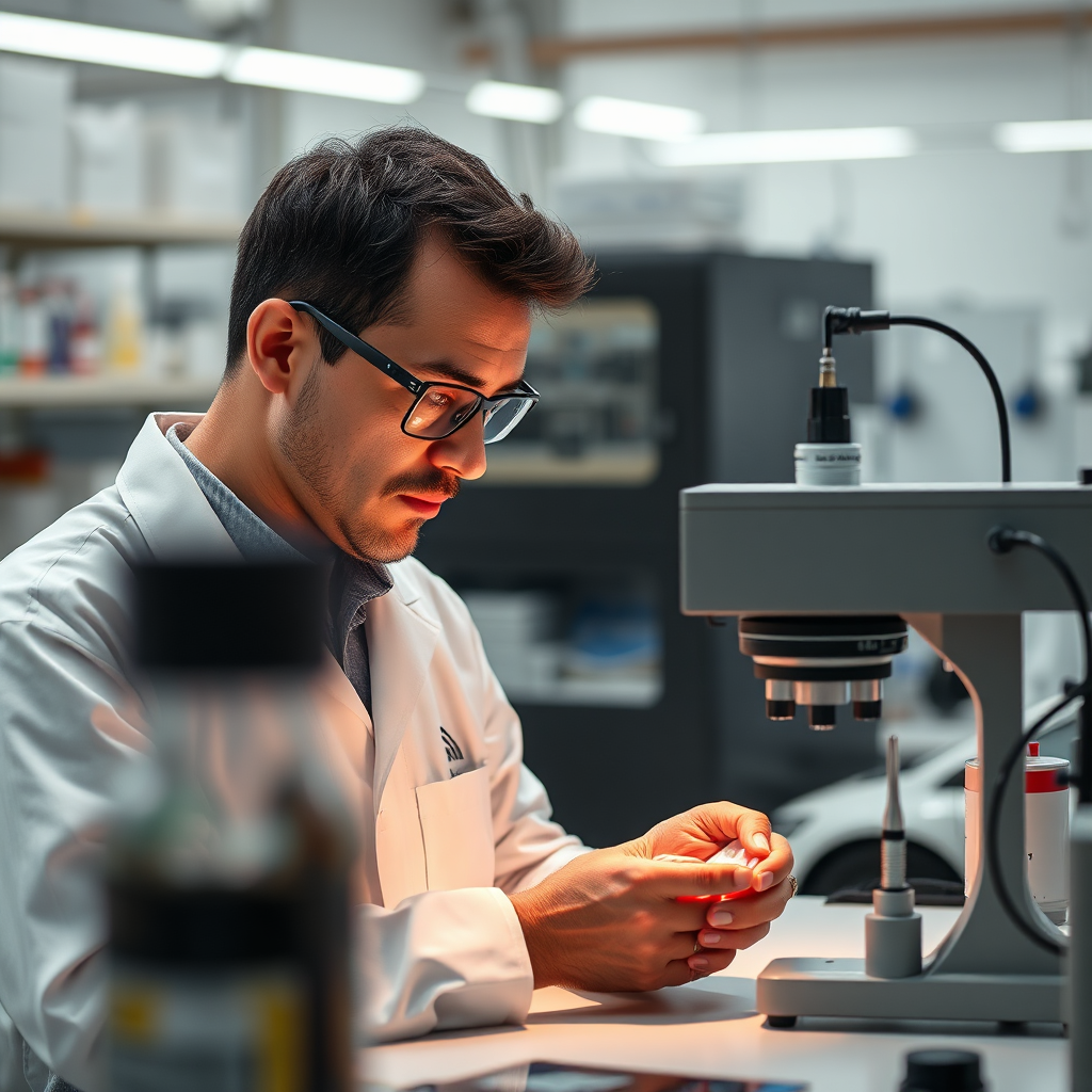 A photorealistic image showing a procurement specialist examining product samples in a laboratory setting. The specialist should be focused and professional, with access to advanced testing equipment. The atmosphere should convey precision and quality control. Style: Product inspection photography, 4K resolution.