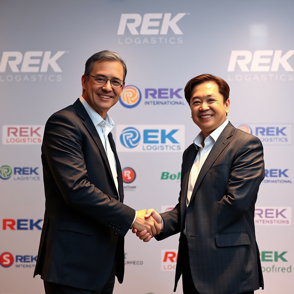 A photorealistic image showing two business professionals shaking hands in front of a backdrop featuring logos representing REK Logistics and its international partners. The expressions on their faces should convey trust and collaboration. The lighting should be warm and professional. Style: Corporate portrait, 4K resolution.