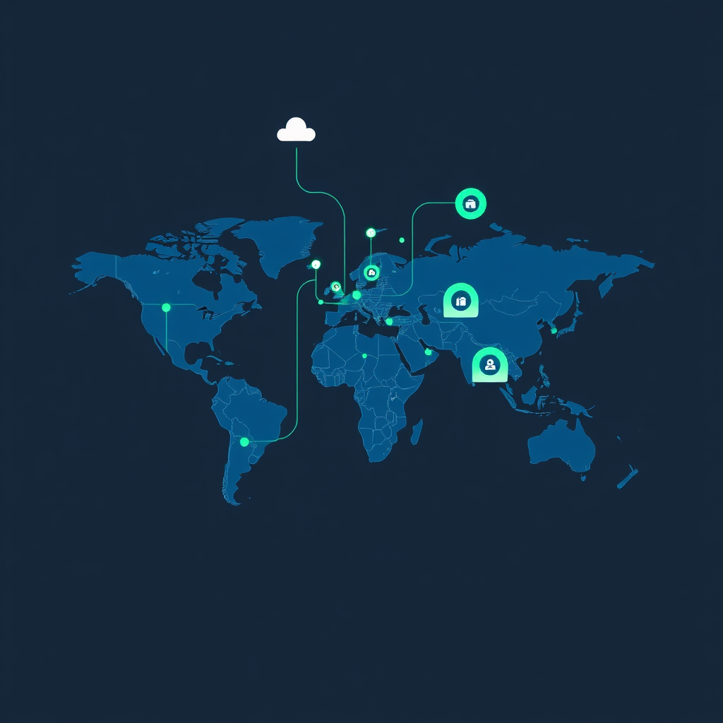 A stylized image depicting data streams flowing into a world map, highlighting key logistical hubs and trade routes. The color scheme should be modern and tech-focused, with blues, greens, and whites dominating the palette. The style should be clean and minimalist.