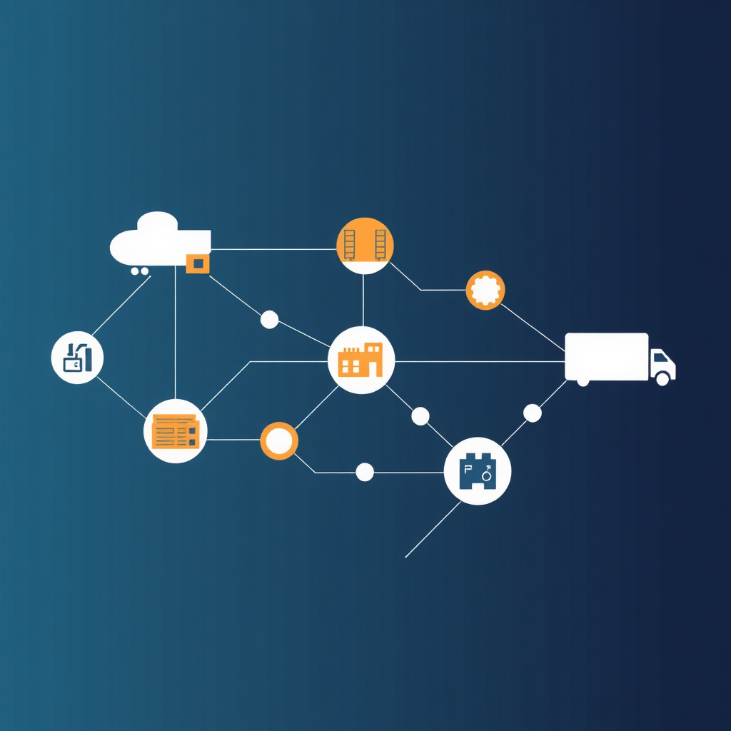 A stylized image illustrating a complex supply chain as a series of interconnected nodes and pathways. The nodes represent different stages of the logistics process (e.g., manufacturing, warehousing, transportation). The pathways represent the flow of goods and information. The overall design should be modern and abstract, with a color palette that conveys efficiency and reliability. Style: Abstract illustration, 4K resolution.