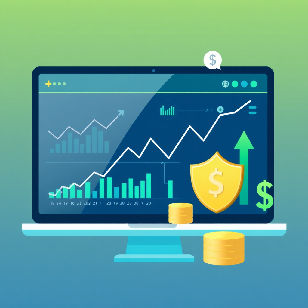 A stylized image showing a digital interface with charts, graphs, and currency symbols representing trade finance. The scene should convey stability, growth, and financial security. The color scheme should be predominantly green and blue.