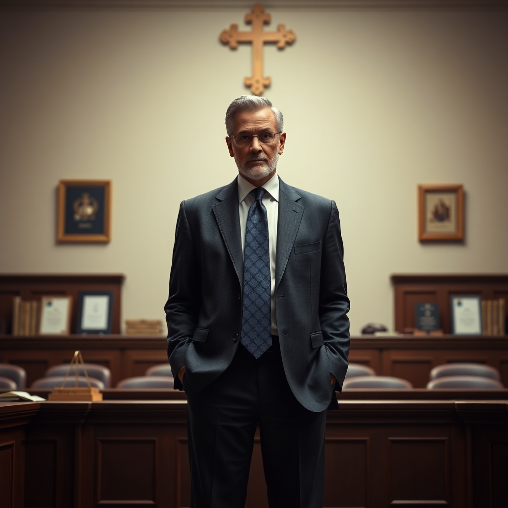 Create a photorealistic image of a lawyer standing confidently in a courtroom, with a subtle background featuring legal symbols and documents. The lighting should be dramatic and focused, emphasizing the lawyer's expertise and authority. Use a classic, timeless style with a muted color palette. 4K resolution.