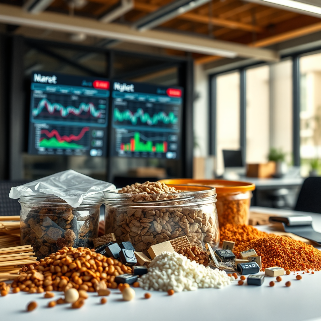 Create a photorealistic image featuring a detailed close-up of various commodities (e.g., raw materials, electronics components) carefully arranged on a table. The lighting should be soft and diffused, highlighting the textures and details of each item. In the background, subtly depict a modern office environment with digital displays showing market data and procurement analytics. The color palette should be warm and inviting, with earth tones and subtle pops of color. Style reference: Minimalist product photography meets corporate environment.