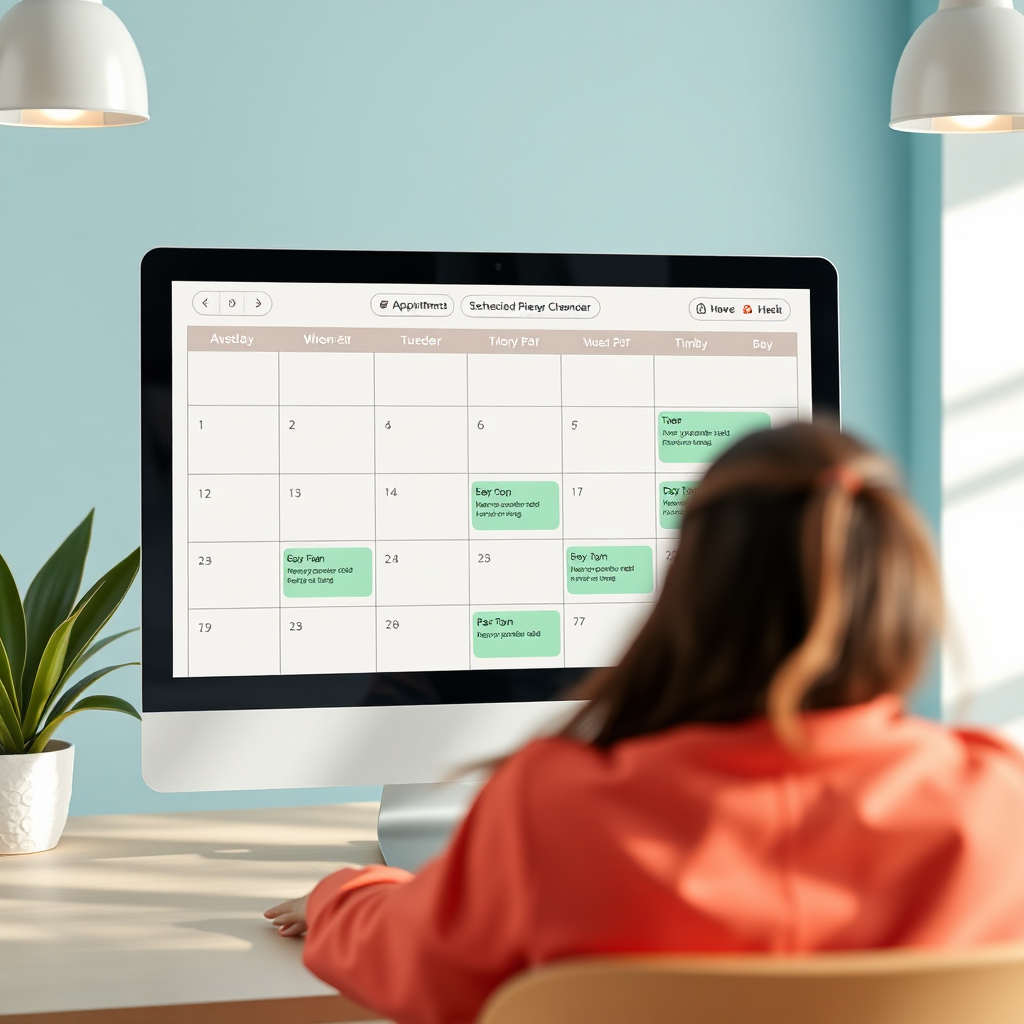Create a photorealistic image of a calendar interface with a clear and intuitive layout for scheduling appointments. The lighting should be bright and cheerful, conveying ease and convenience. The color palette should be modern and user-friendly. 4K resolution.