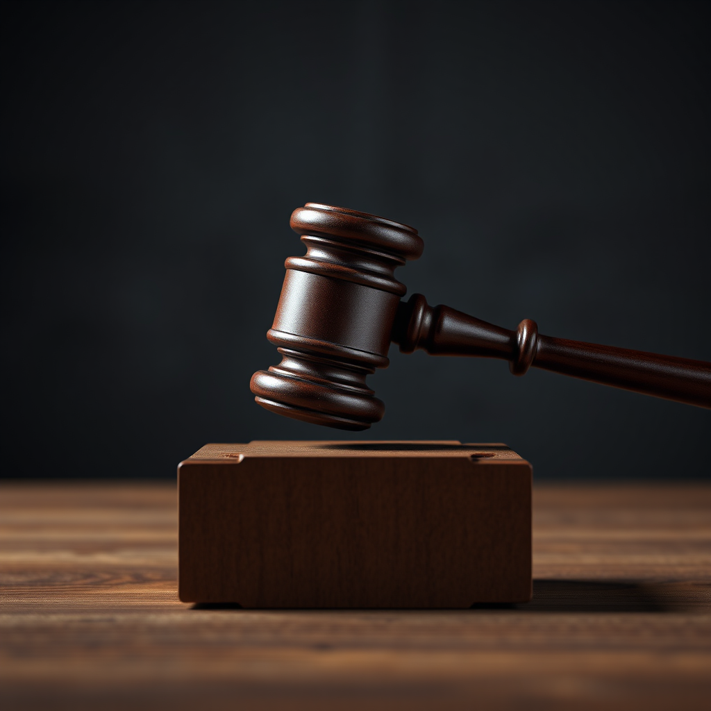Create a photorealistic image of a gavel striking a sound block, symbolizing justice and resolution. The lighting should be dramatic and impactful. Use a classic, timeless style with a muted color palette. 4K resolution.