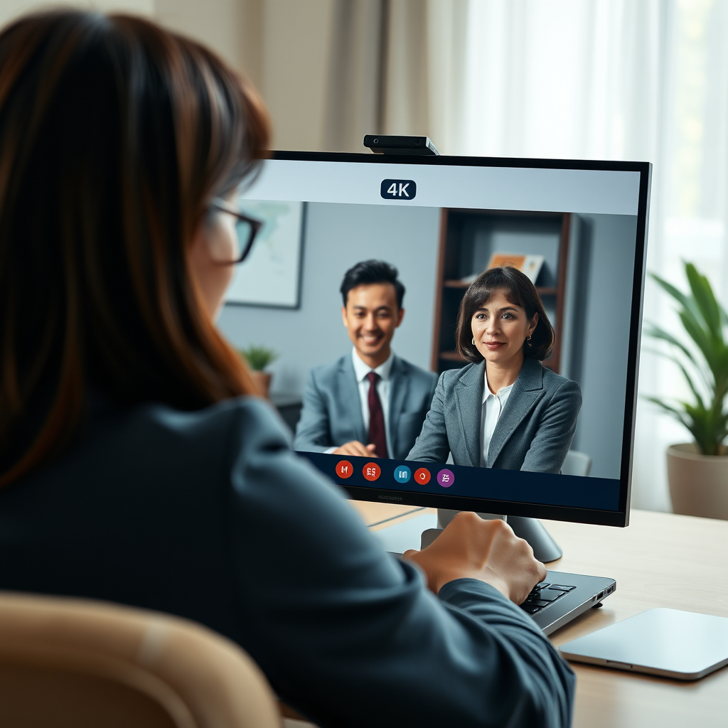 Create a photorealistic image of a person participating in an online video consultation with a lawyer. The lighting should be soft and natural, creating a sense of comfort and accessibility. The color palette should be warm and inviting. Focus on capturing the interaction between the lawyer and the client through the screen. 4K resolution.