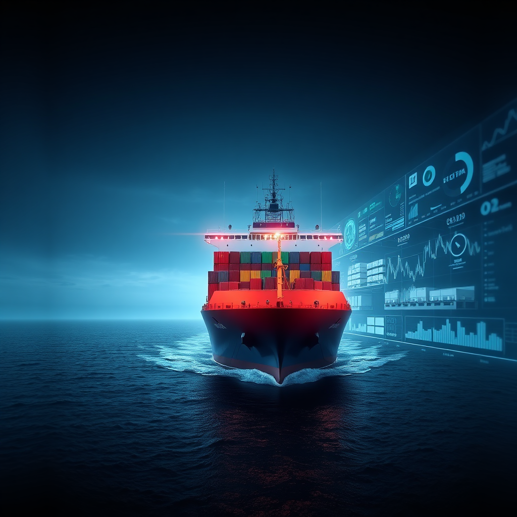 Create a photorealistic image showing three distinct but interconnected elements: a cargo ship at sea, a modern warehouse, and a digital trading platform. Each element should be seamlessly integrated with the others, representing the interconnectedness of REK Logistics & Trading's services. The lighting should be soft and diffused, highlighting the textures and details of each element. The color palette should be predominantly blues and grays, with subtle pops of color to draw attention to key details. Style reference: Modern industrial photography meets digital art.