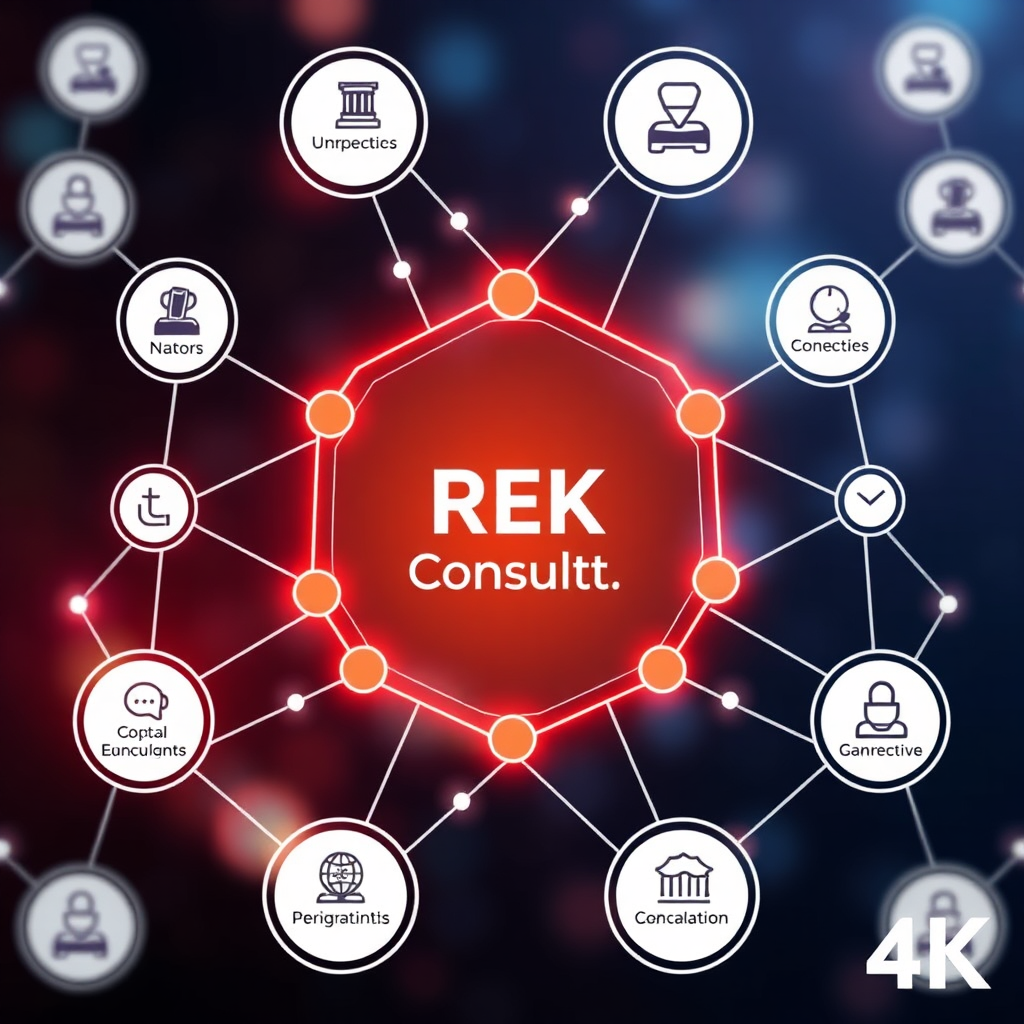 Create a stylized image of a network of interconnected nodes representing various legal services, with a central node symbolizing Rek Legal Consult. Use a modern, technological design with a vibrant color palette. 4K resolution.