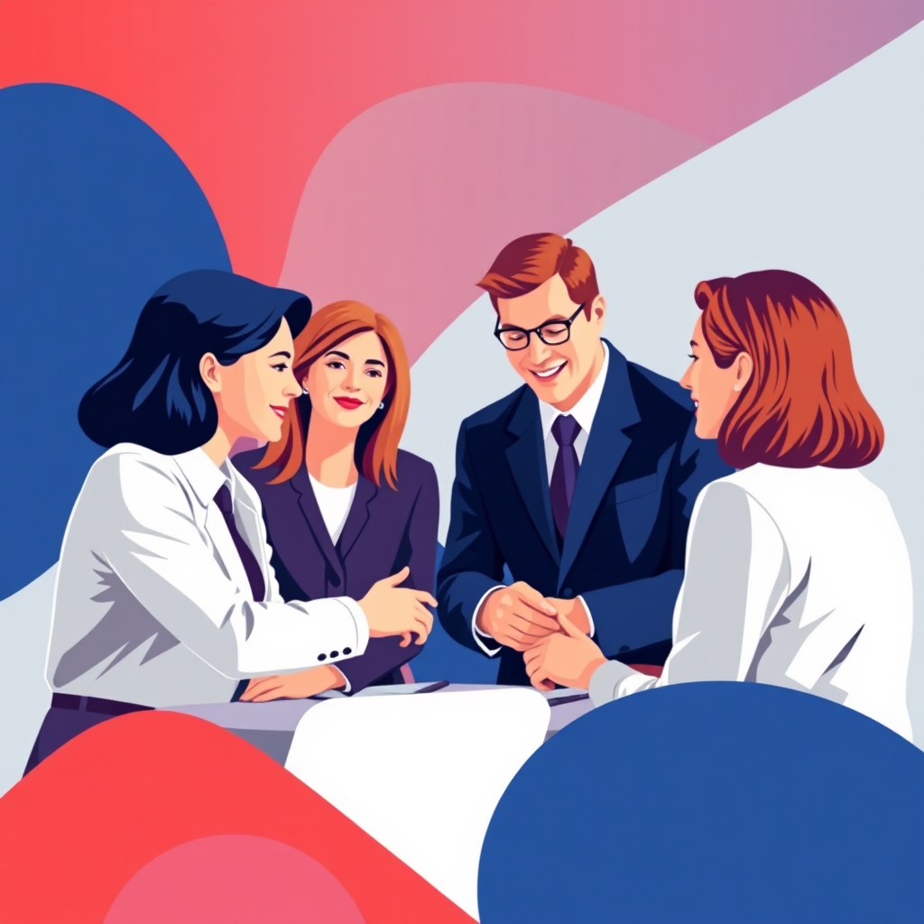 Create a stylized image of a team of lawyers working together, with a focus on collaboration and support. Use a modern, minimalist design with a vibrant color palette. 4K resolution.