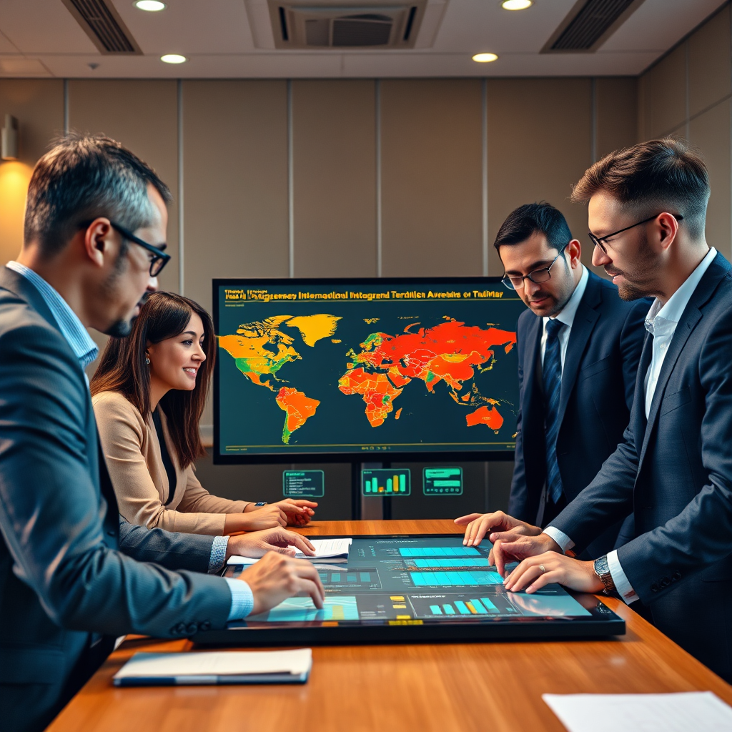 Depict a group of business professionals from different countries collaborating around a table, reviewing international trade agreements and market data on a large digital display. The lighting should be warm and inviting, creating a sense of collaboration and trust. The color palette should be rich and varied, reflecting the diversity of the global marketplace. The camera angle should be a medium shot, focusing on the interaction between the professionals. Style reference: Modern corporate photography meets global business.
