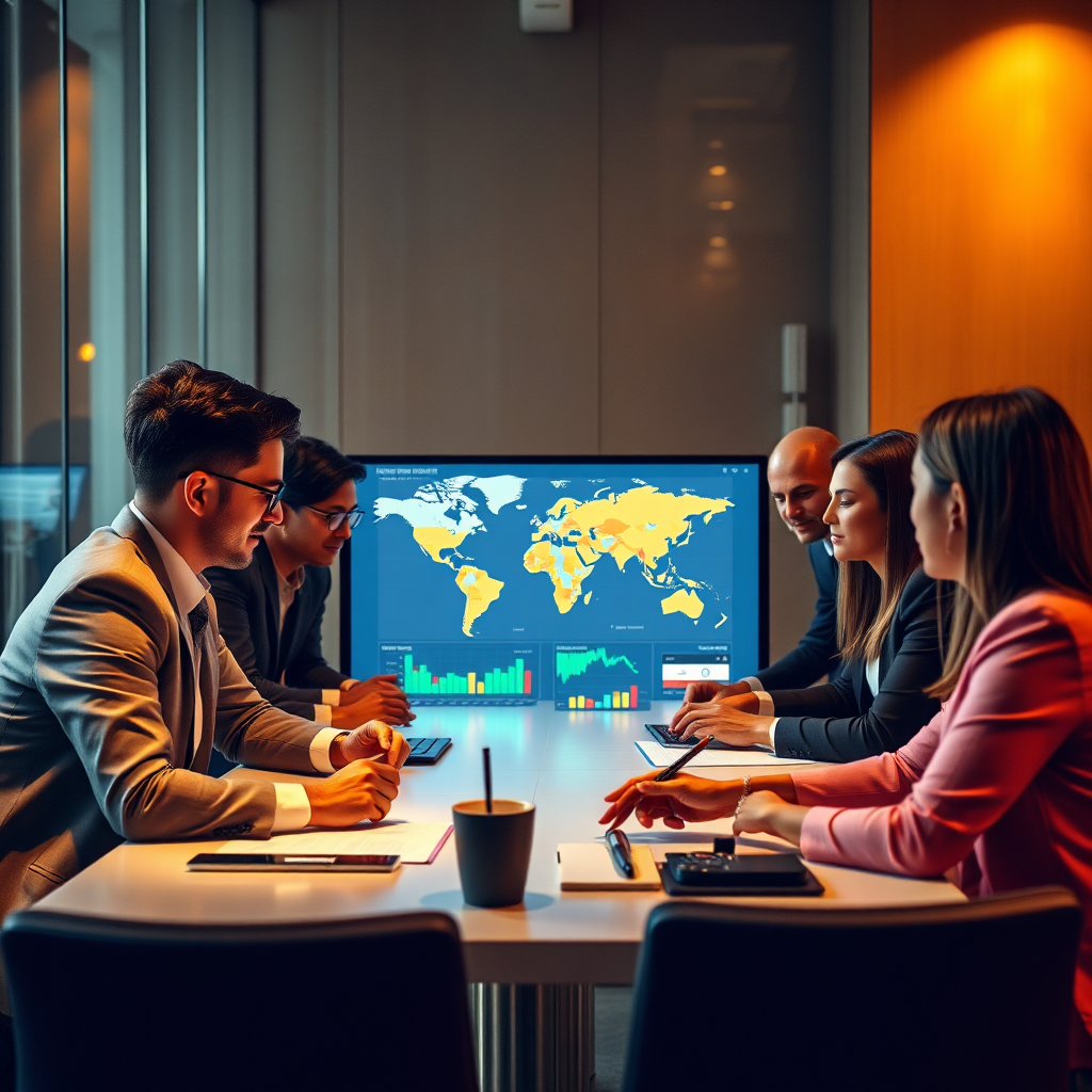 Depict a group of diverse business professionals collaborating around a table, reviewing international trade agreements and market data on a large digital display. The lighting should be warm and inviting, creating a sense of collaboration and trust. The color palette should be rich and varied, reflecting the diversity of the global marketplace. The camera angle should be a medium shot, focusing on the interaction between the professionals. Style reference: Modern corporate photography meets global business.