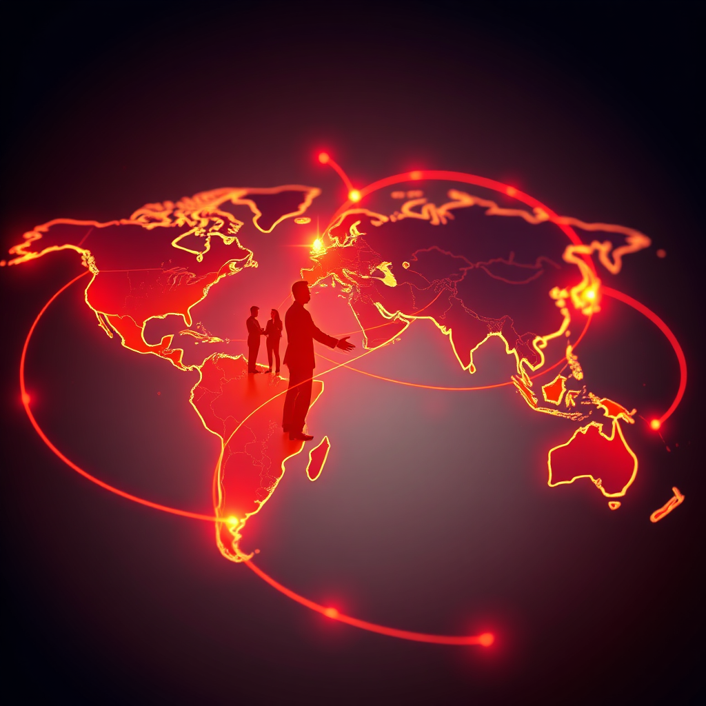 Depict a stylized world map with key trade routes highlighted by glowing lines. Superimpose transparent silhouettes of businesspeople shaking hands over various continents. The color palette should be vibrant and energetic, with reds, oranges, and yellows representing growth and opportunity. The lighting should be dynamic, with subtle animations highlighting the flow of goods and capital. The camera angle should be a slightly elevated perspective, showcasing the global scale of the trading network. Style reference: Modern infographic meets corporate imagery.