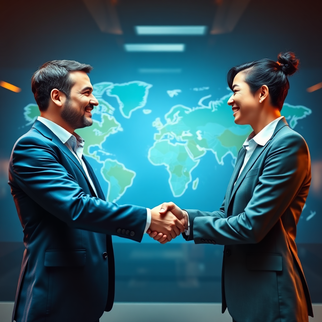 Depict two business professionals shaking hands in front of a global map, symbolizing a strong and reliable partnership. The lighting should be warm and inviting, creating a sense of trust and collaboration. The color palette should be predominantly blues and greens, representing stability and growth. The camera angle should be a medium shot, focusing on the handshake and the expressions of the professionals. Style reference: Modern corporate photography meets global business.