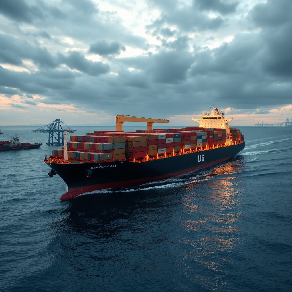 Photorealistic image of a cargo ship navigating through a complex network of shipping lanes, connecting various ports around the world (UK, USA, Asia, Europe). The ship should be brightly lit, with containers stacked neatly on deck. The ocean should be calm, and the sky should have a mix of clouds and sunlight. The overall feeling should be one of efficiency and reliability. Style: Maritime photography, 4K resolution.