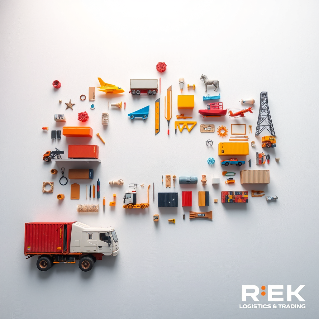 Visualize a blank canvas being filled with various elements representing logistics, procurement, and trading, all carefully arranged to create a unique and customized solution. The image should be stylized and artistic, with a focus on creativity and innovation. The color palette should be bright and vibrant, reflecting the flexibility and adaptability of REK Logistics & Trading's services. The camera angle should be a close-up shot, emphasizing the details of the customized solution. Style reference: Abstract art meets corporate branding.