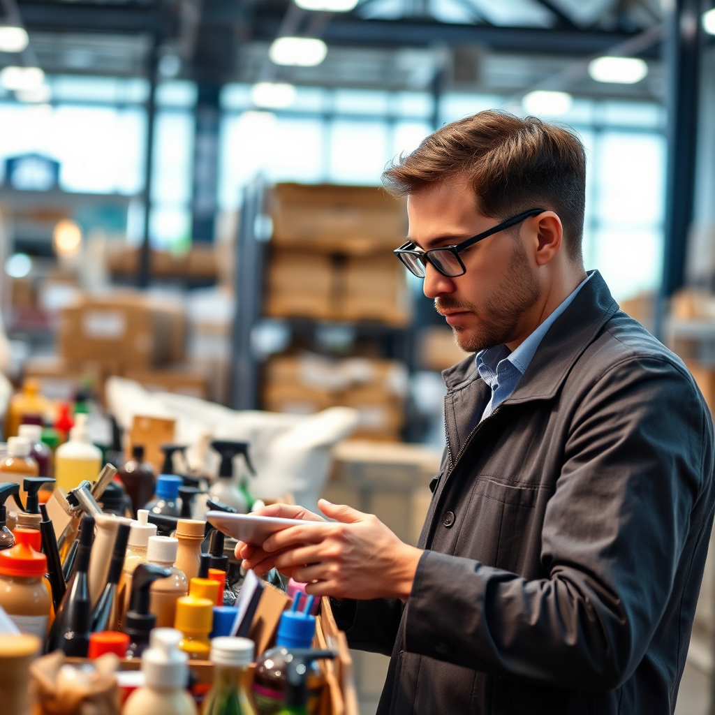 Visualize a close-up of a diverse range of high-quality products being carefully inspected by a procurement specialist. The products should be well-lit and visually appealing, and the specialist should be focused and professional. The color palette should be rich and varied, reflecting the diversity of the global marketplace. The camera angle should be a medium shot, focusing on the interaction between the specialist and the products. Style reference: Product photography meets corporate environment.