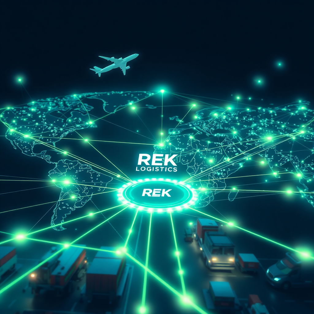 Visualize a complex, interconnected global supply chain represented by a network of glowing lines connecting various modes of transportation (ships, trucks, airplanes) and warehouses. The lines converge on a central hub labeled "REK Logistics". The image should be photorealistic with a slightly futuristic aesthetic. The color palette should be predominantly blues and greens, representing efficiency and sustainability. The lighting should emphasize the interconnectedness of the network, with subtle glows highlighting the flow of goods. The camera angle should be a wide shot, capturing the entire global network.