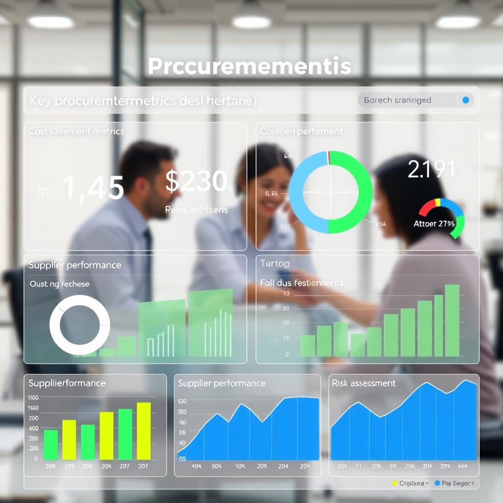 Visualize a digital dashboard displaying key procurement metrics, such as cost savings, supplier performance, and risk assessment. The dashboard should be clean and easy to read, with visually appealing charts and graphs. The color palette should be predominantly blues and greens, representing efficiency and growth. In the background, subtly depict a team of procurement professionals collaborating on a project. Style reference: Modern data visualization meets corporate environment.
