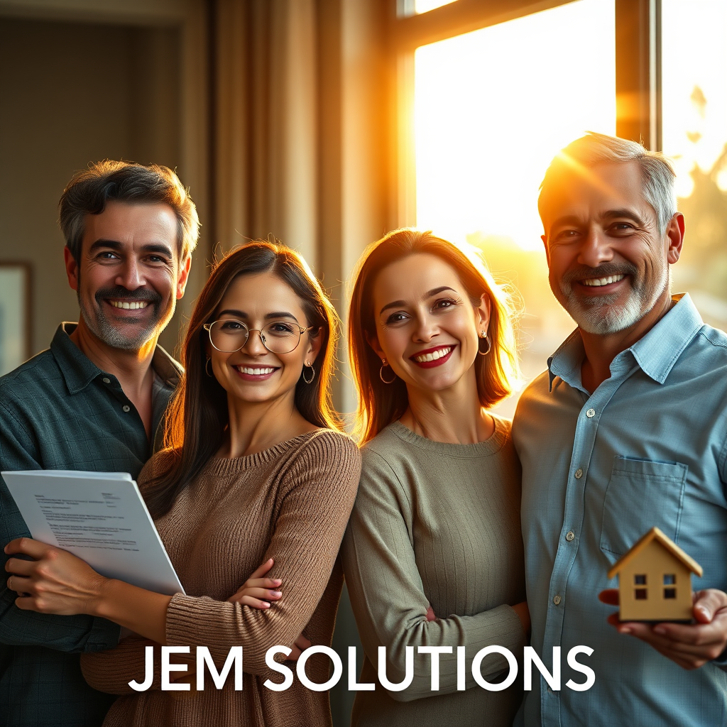 Create a photorealistic, ultra-high quality 8K header image for JEM SOLUTIONS, a Tax Preparation and Insurance business. The scene should depict a modern family smiling confidently, bathed in warm, golden hour sunlight streaming through a large window. In the background, subtly display elements representing both tax preparation (organized documents, a calculator) and insurance (a stylized shield, a miniature house). The overall composition should convey trust, security, and financial well-being. Use a shallow depth of field to keep the family in sharp focus, with the background elements slightly blurred. The color palette should be warm and inviting, with hues of gold, green, and blue. Capture the scene from a slightly low angle to emphasize the family's strength and stability. Texture details should be hyperrealistic, from the fabric of their clothing to the gleam in their eyes. The style should be reminiscent of a high-end financial services advertisement, aiming for a feeling of professionalism and approachability. Ensure the image is optimized for digital display with crisp details and vibrant colors.