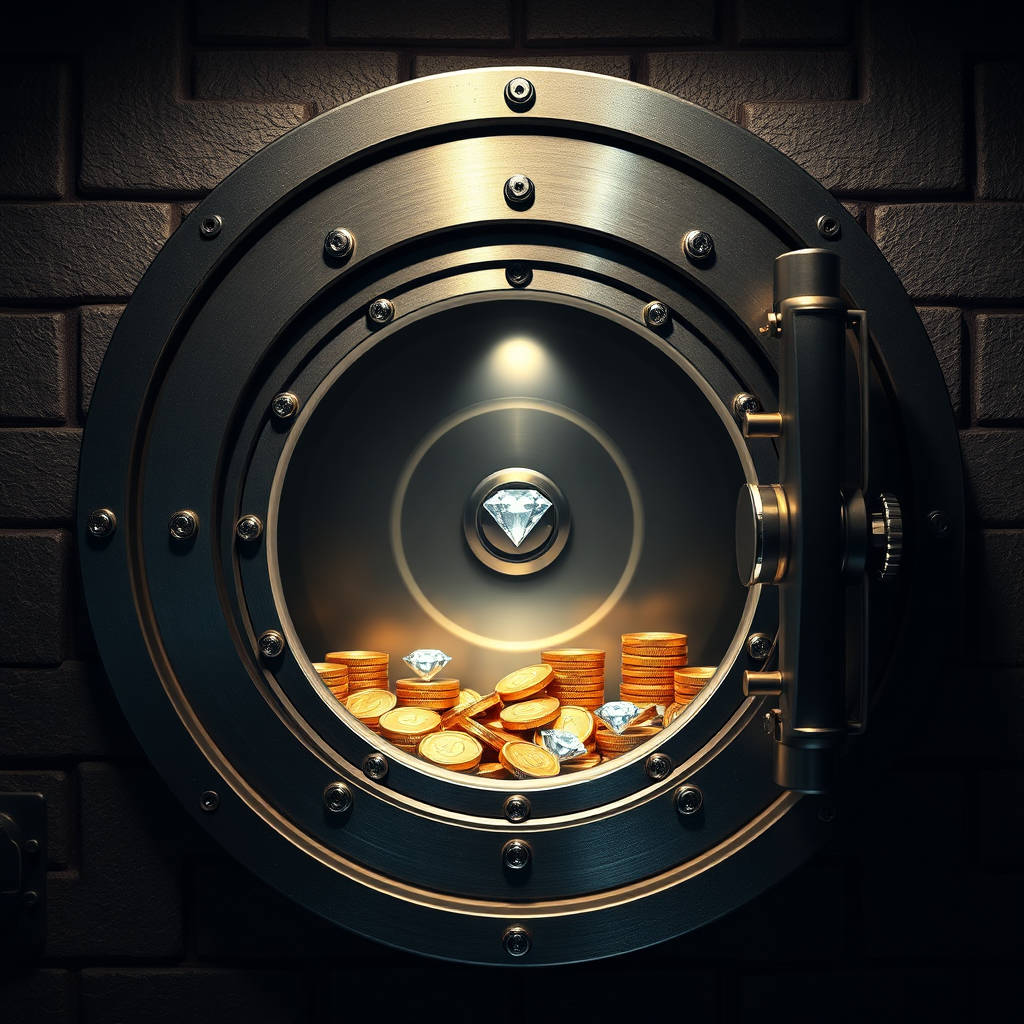 Create a photorealistic image showing a strong, secure vault protecting precious assets like gold coins and diamonds. Use dramatic lighting to emphasize the security and value. The vault's door should appear solid and impenetrable. Technical specs: 4K resolution, high quality.