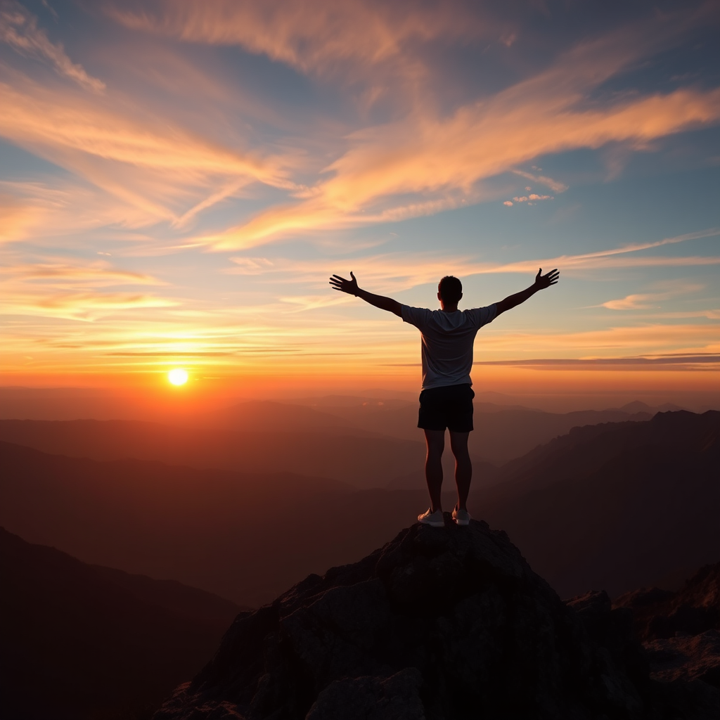 Create a photorealistic image depicting a person standing on a mountaintop, overlooking a vast and beautiful landscape with arms outstretched. The person should be silhouetted against a vibrant sunset. The image should evoke a feeling of freedom and accomplishment. Technical specs: 4K resolution, high quality.
