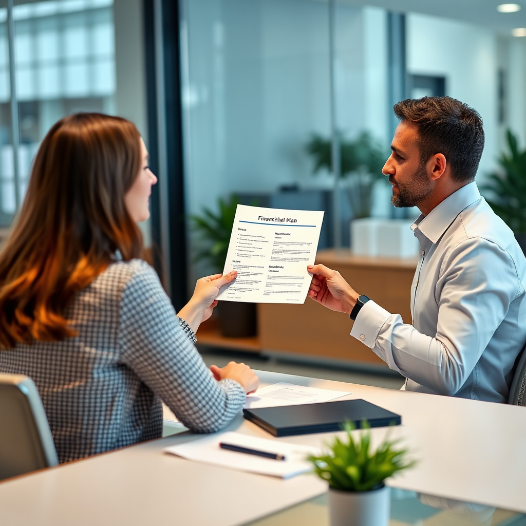 Create a photorealistic image depicting a financial advisor sitting across from a client at a desk. The advisor is handing the client a personalized financial plan. Focus on the document's clarity and the client's attentiveness. Set in a well-lit, modern office. Camera angle, eye-level close-up. The color scheme should be professional with blues, greens, and whites dominating. Technical specs: 4K resolution, high quality.