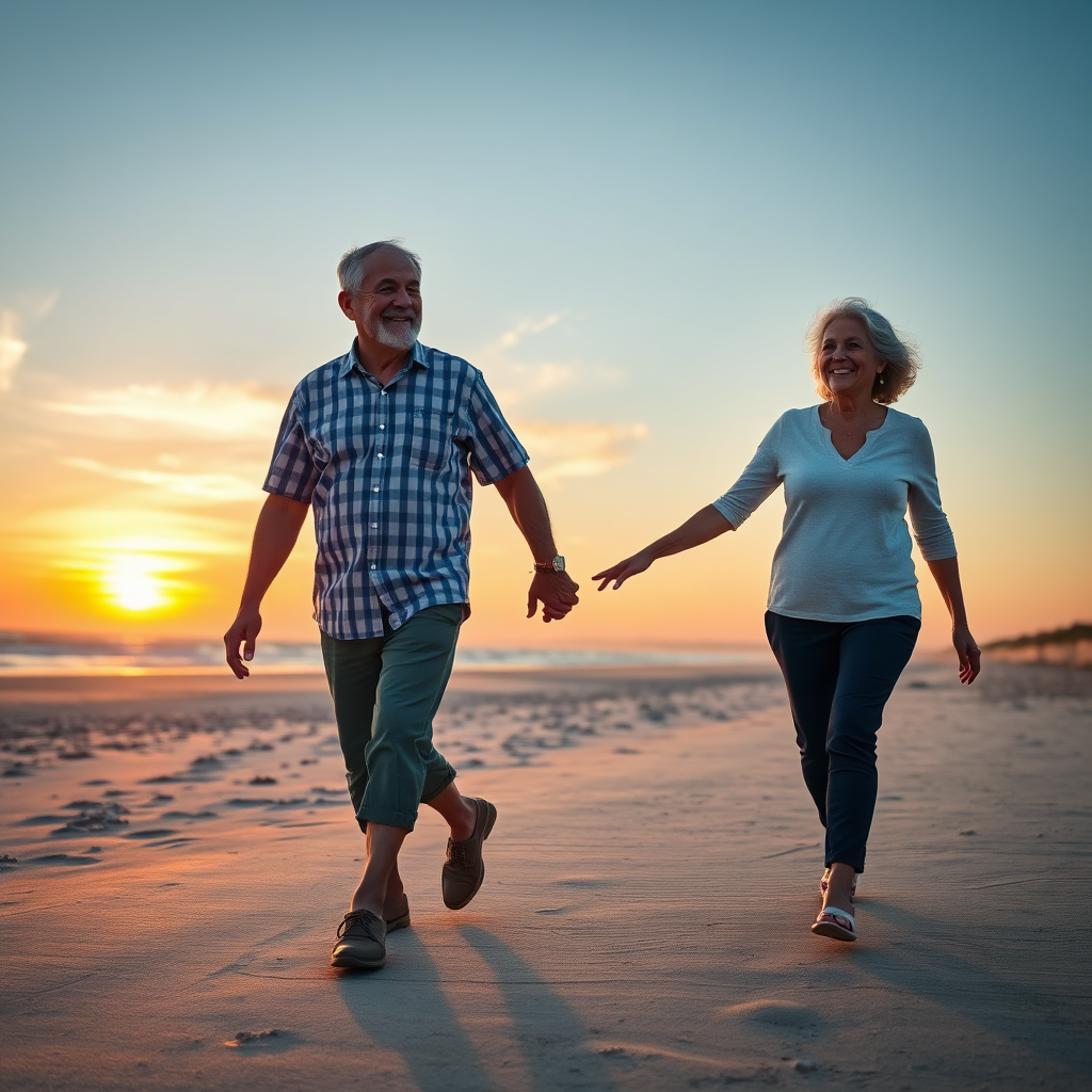 Create a photorealistic image depicting a happy elderly couple walking hand-in-hand on a beach during sunset. The scene should convey a sense of peace, financial security, and well-being in retirement. Technical specs: 4K resolution, high quality.