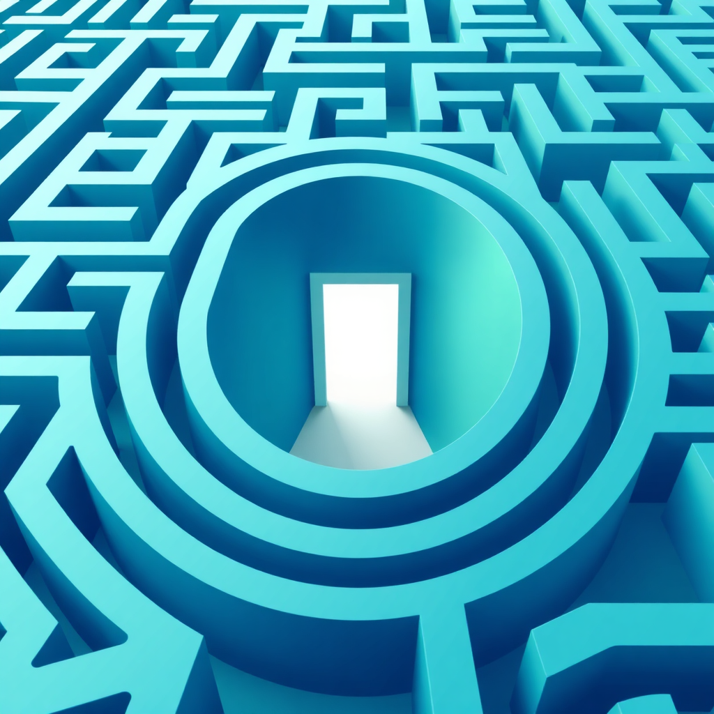 Create a stylized image depicting a maze or labyrinth that leads to a clearly marked and easily accessible exit. The style should be sleek and modern. Use a color palette of blues and greens to represent efficiency and financial growth. Style reference: Minimalist design. Technical specs: 4K resolution, high quality.