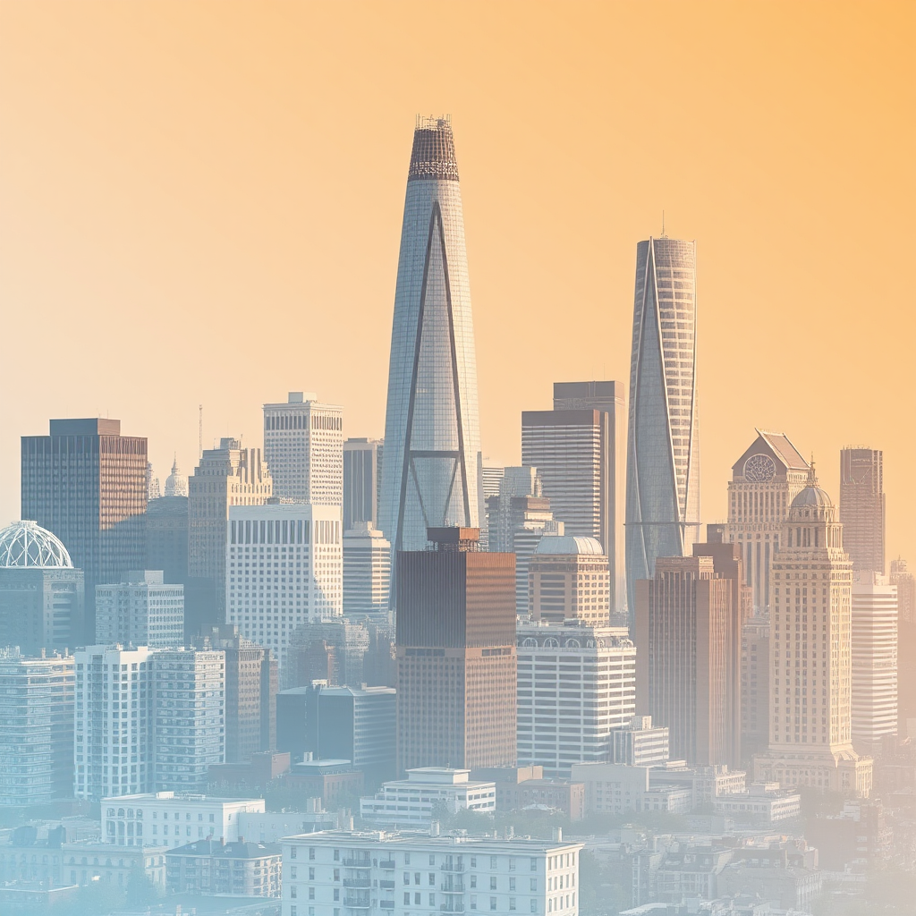 Create a stylized image of a cityscape evolving over time, showcasing a transition from older buildings to modern, futuristic structures. Use a color gradient to represent the passing of time and the progression of financial growth. Style reference: Time-lapse photography. Technical specs: 4K resolution, high quality.