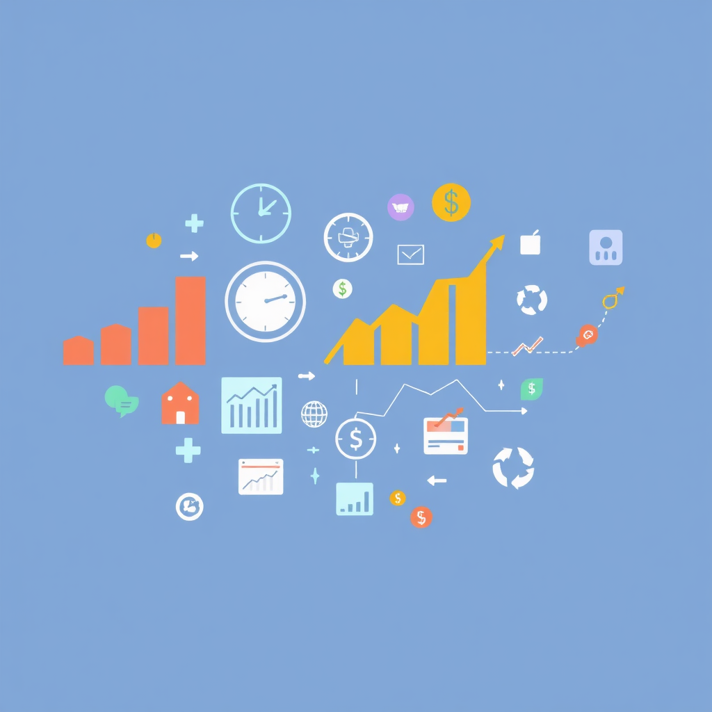Create a stylized image showing complex financial charts and graphs transforming into easily understandable icons and symbols. Use bright, friendly colors to emphasize the simplicity. The background should be clean and minimalist. Style reference: Modern UI/UX design for financial apps. Technical specs: 4K resolution, high quality.