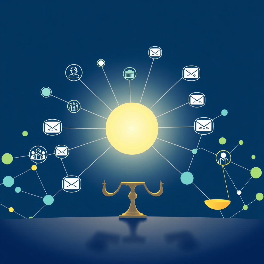 A 4K, high-quality image representing the core of SenorAI's mission. Depict a stylized scene with interconnected nodes representing various virtual assistant tasks (scheduling, email management, research). These nodes should converge towards a central, brightly lit point symbolizing increased productivity and efficiency for the client. The color palette is professional: blues, greens, and a touch of gold to represent value. Use a slightly abstract, modern design style. The composition should be clean and visually appealing. The lighting should emphasize the convergence of tasks towards the central productivity point. Include subtle visual cues related to 'Features and scope, and pricing and all related issues', like a scale balancing tasks and value.