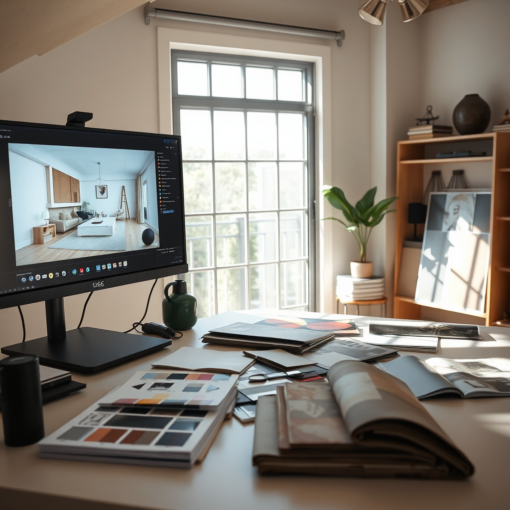 A 4K, high-quality image representing the heart of The Perfect Interior. A designer's workspace, blending digital and traditional tools. A large monitor displays a 3D rendering of an interior, while colour swatches and material samples are arranged on a nearby table. Natural light streams in, highlighting the textures of the fabrics and finishes. Include architectural magazines and design books. The style is clean and modern but with a touch of warmth, conveying creativity and expertise. The composition should be balanced and inviting, showcasing the resources and skills involved in interior design.