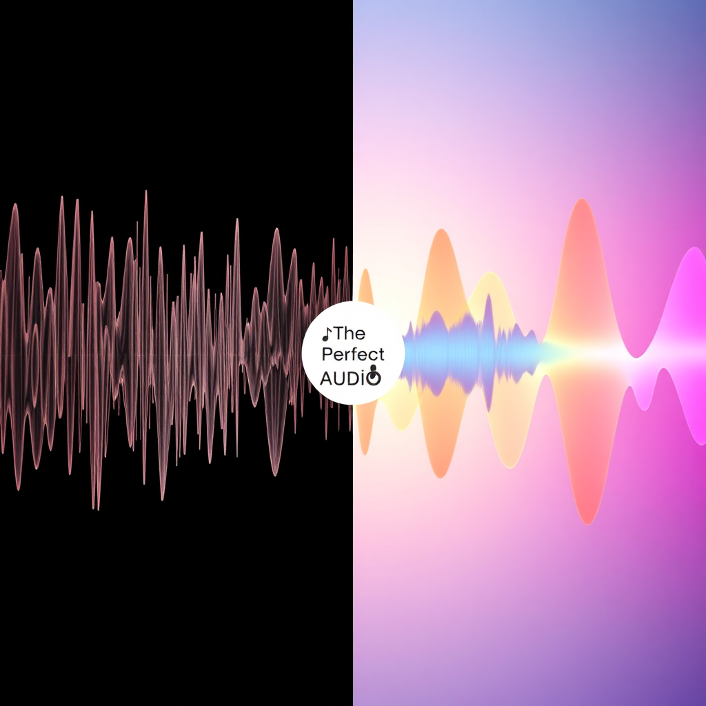 A 4K high-quality image representing the transformation of raw audio into a polished product. The image should show two contrasting scenes side-by-side or blended together. On one side, depict a chaotic, abstract representation of raw sound waves - jagged lines, distorted patterns, and a muted color palette. On the other side, showcase smooth, clean, and harmonious sound waves in vibrant, balanced colors. In the center, a subtle representation of The Perfect Audio logo could act as the bridge between the two scenes, symbolizing the editing process. Soft, diffused lighting should enhance the visual contrast and create a sense of clarity and professionalism. Camera angle: straight on, focusing on the transformation. Style: a blend of abstract visualization and photorealistic rendering, with a focus on conveying the power of audio editing.