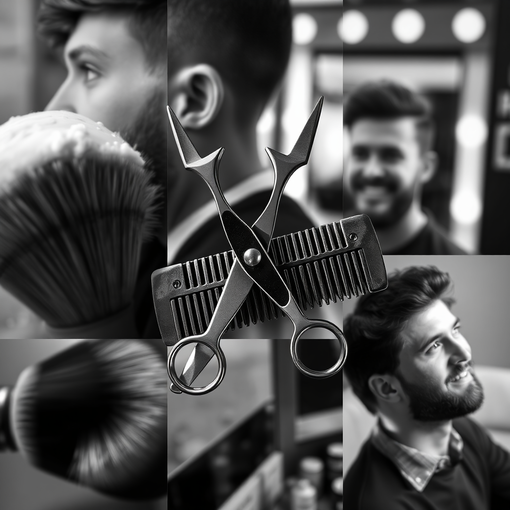 A 4K, high-quality image showcasing a collage of barbering elements. The central focus is a pair of vintage barber scissors elegantly poised above a comb, both reflecting soft light. Surrounding them are blurred elements: a shaving brush applying lather to a face, a close-up of expertly trimmed hair, and a reflection of a smiling client in a barber's mirror. The color palette should be monochromatic – primarily blacks, whites, and grays – to give a timeless, sophisticated feel. The composition should feel balanced and artistically arranged. The lighting is soft and diffused, highlighting the textures and details. Style reference: Clean, modern aesthetic with a nod to vintage barbering. Technical specifications: 4K resolution, sharp focus on the central elements, shallow depth of field for the background elements.