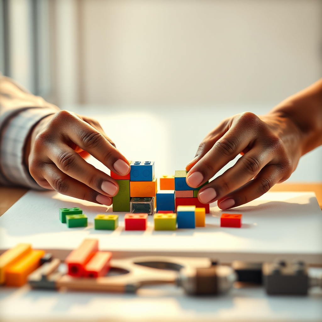 A 4K, high-quality image symbolizing the creation of a website from a set of tools. Imagine a pair of hands (diverse ethnicity suggested) carefully assembling digital building blocks (representing website elements) onto a blank canvas (representing a website). The lighting is warm and inviting, creating a sense of collaboration and creativity. The color palette is bright and optimistic, using primary colors and their variations. The camera angle is a close-up, focusing on the hands and the building blocks. Texture details should be realistic and tactile, emphasizing the craftsmanship involved. The environment is a bright, airy studio space. Stylistically, the image should evoke a sense of innovation and problem-solving, similar to a modern tech company's branding. Composition should be balanced and visually appealing, drawing the viewer's eye to the center of the action.