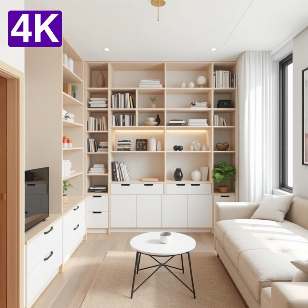 A 4K image demonstrating space optimization in a small apartment. Use creative storage solutions like built-in shelves and multi-functional furniture. Focus on vertical space and clever organization. The style is modern and minimalist, with clean lines and a neutral colour palette. The lighting should be bright and inviting, emphasizing the functionality and efficiency of the design.