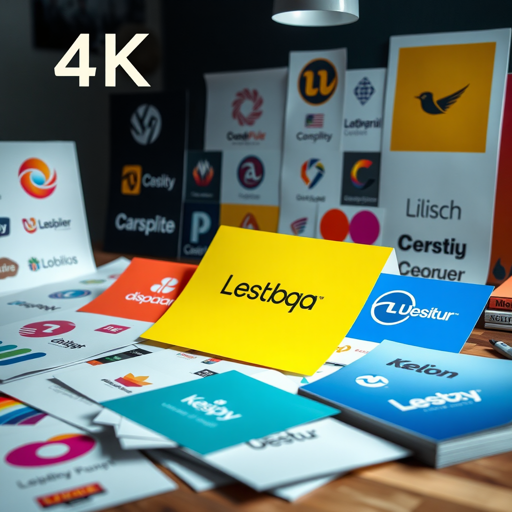 A 4K image depicting a collection of design elements – logo concepts, color palettes, typography samples – arranged artfully on a designer's desk. The scene is brightly lit, showcasing the creative process behind brand building. The color palette is diverse and eye-catching, reflecting a range of brand aesthetics. The style is artistic and inspiring, reminiscent of design studios and branding agencies. The image should convey a sense of creativity, identity, and brand development.