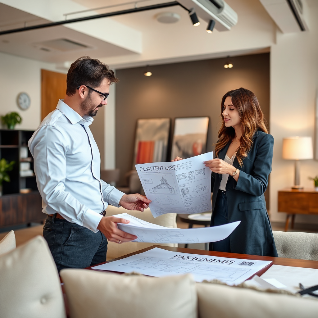 A 4K image depicting a design consultation. A designer is meeting with a client in a well-lit office, reviewing fabric samples and blueprints. The atmosphere is collaborative and professional. The style is modern and approachable, conveying expertise and personalized service. Focus on the interaction between the designer and the client.